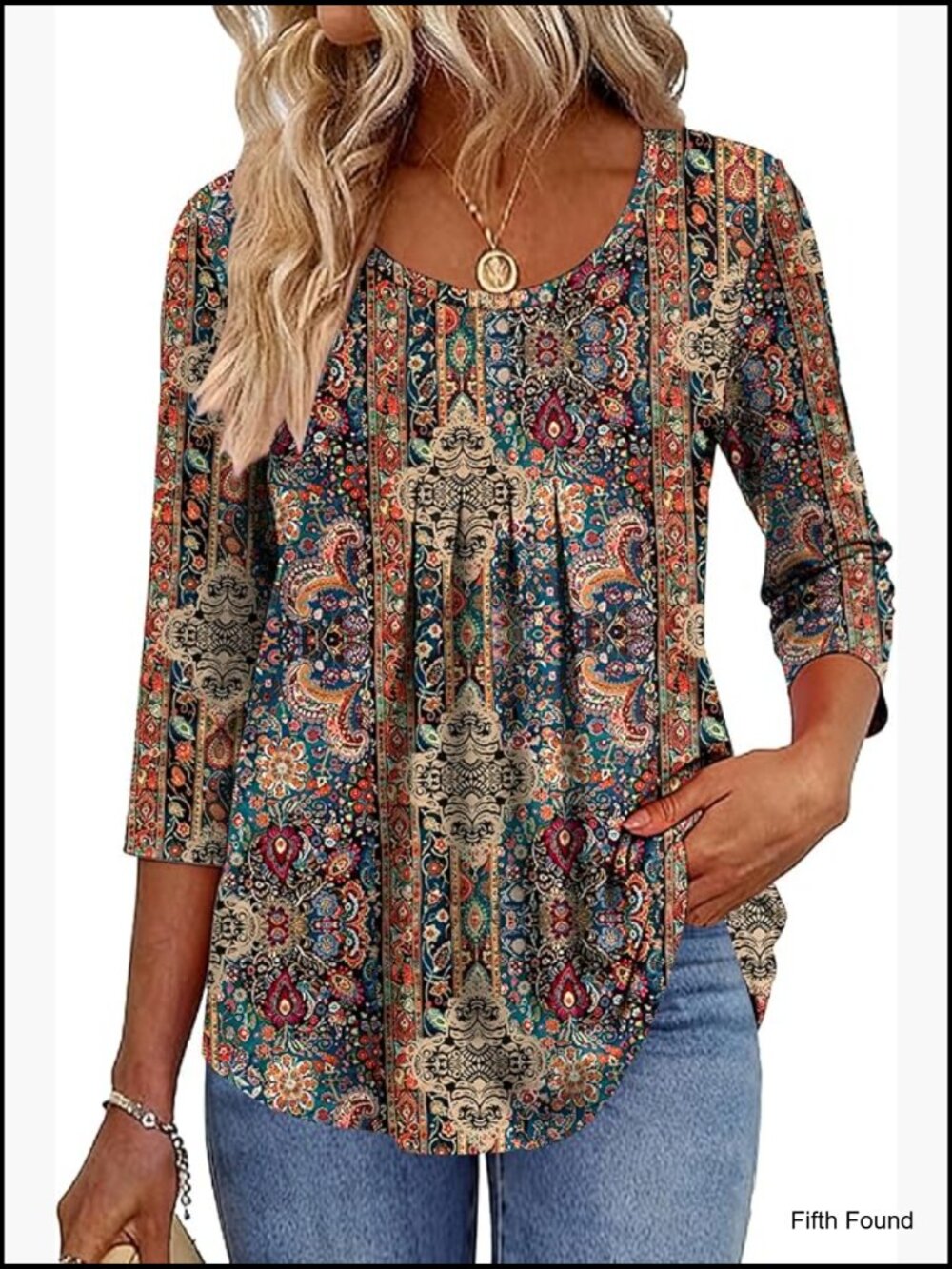 3/4 Sleeve Pleated Blouse Tunic Top Crew Neck - Picture 1 of 5